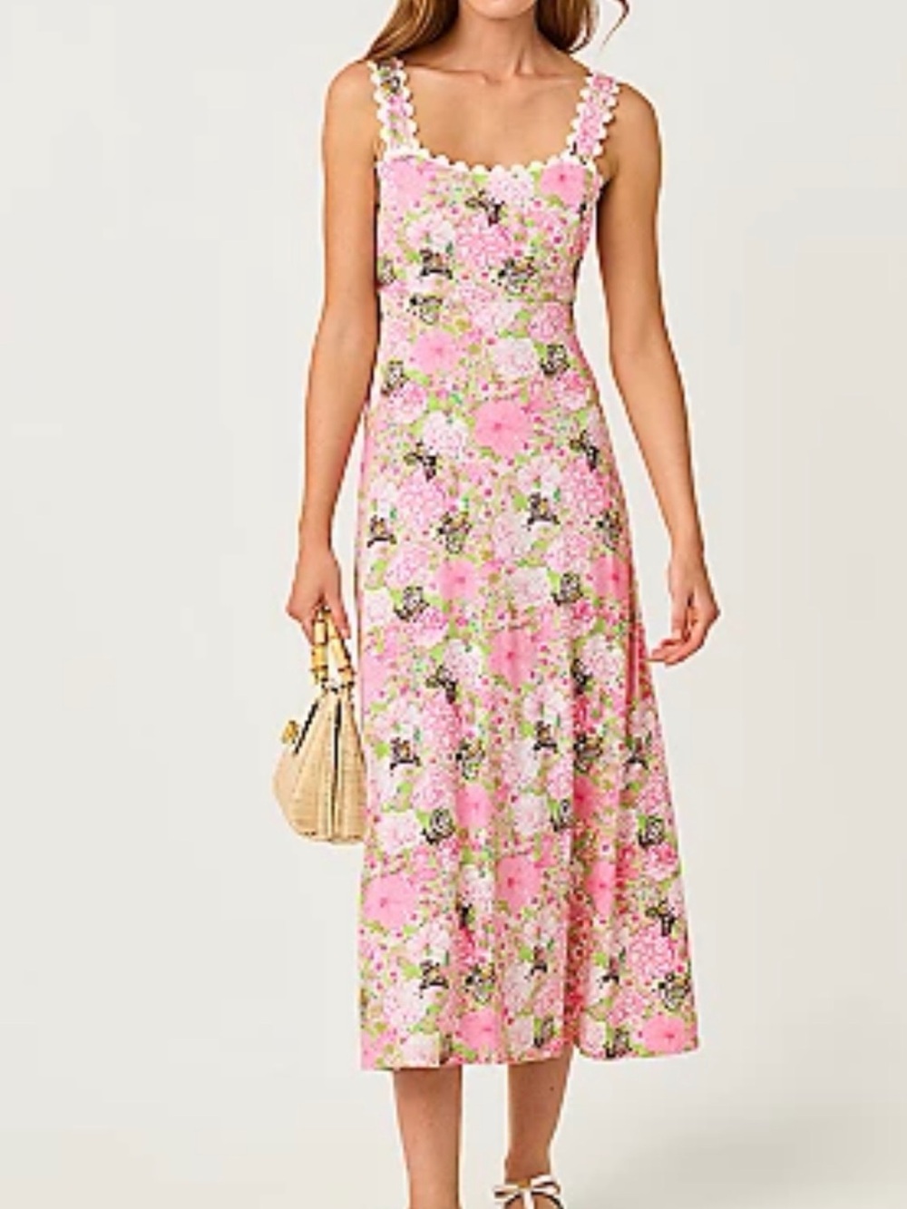 Lilly Pulitzer Pink Floral Midi Dress with Scallop Straps NWT